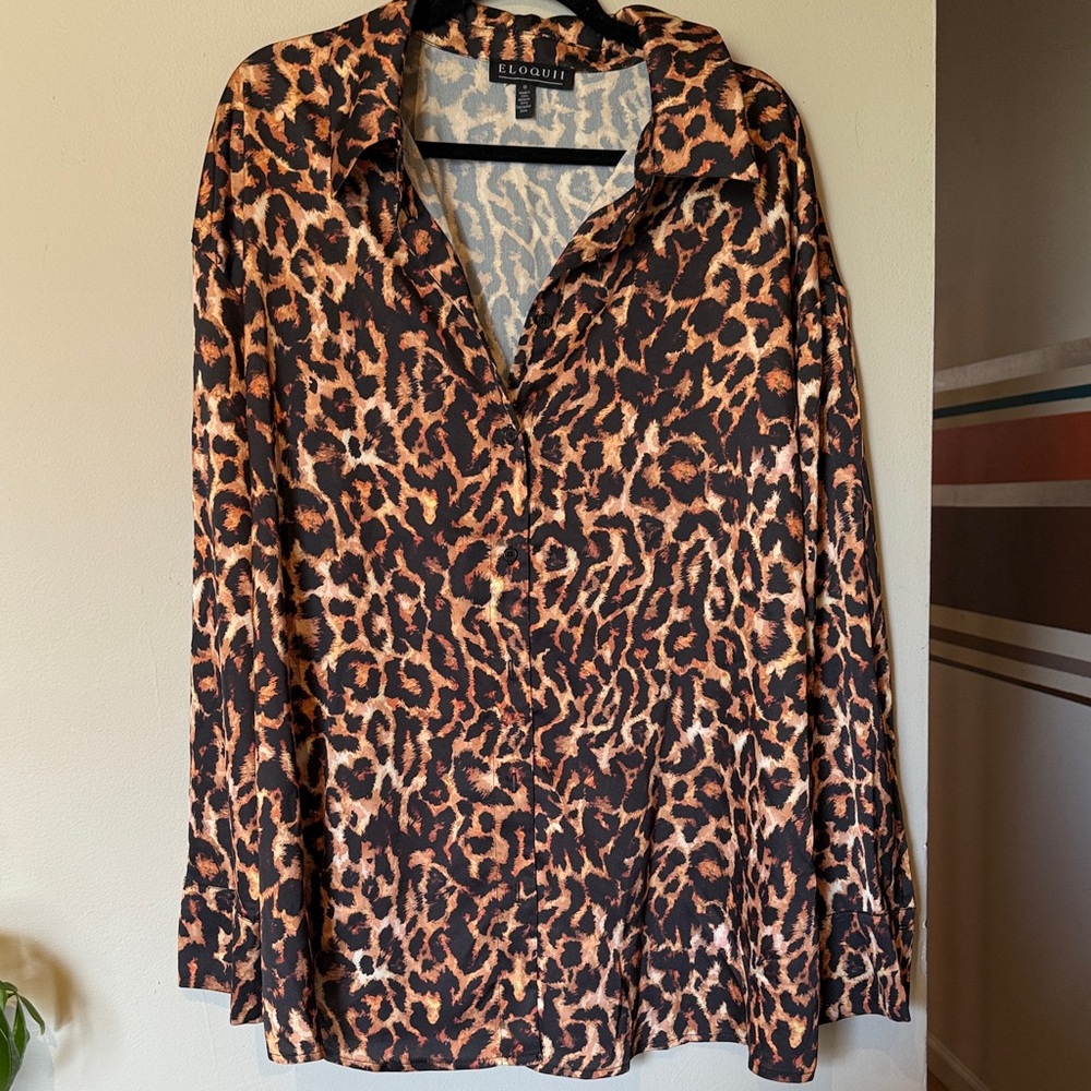 ELOQUII Women's Leopard Print Button Down Shirt - Brown and Black